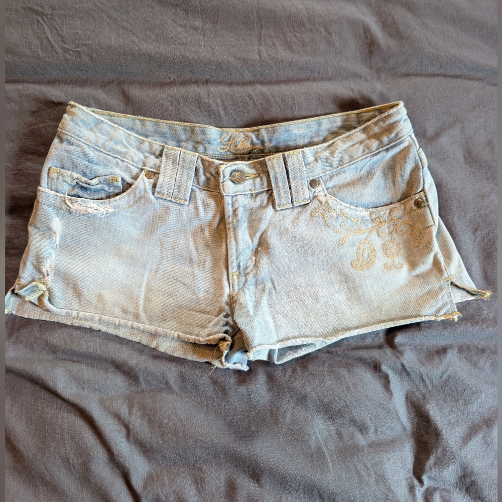 LILU PacSun Distressed Denim Embroidered Micro Shorts - Paisley